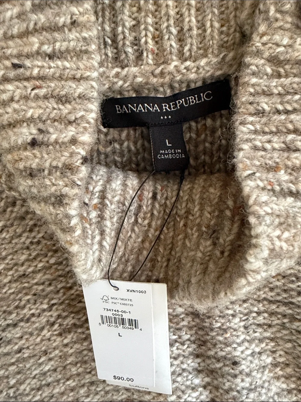 NWT Banana Republic Tweed Mock Neck Shoulder Button Sweater Large Beige Fleck